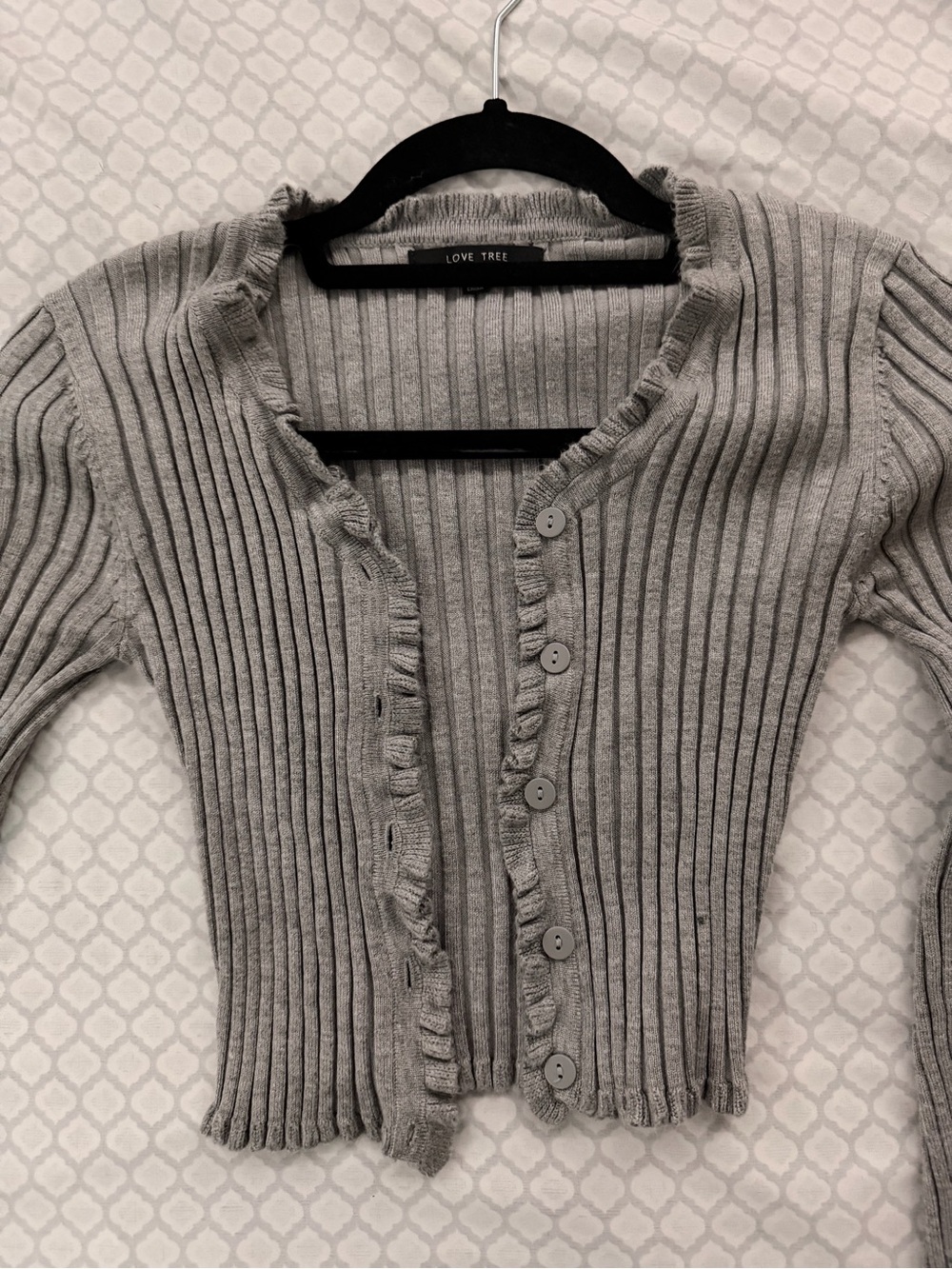 Love Tree Gray Ribbed Ruffle-Trim Cardigan Sweater - Picture 2 of 5